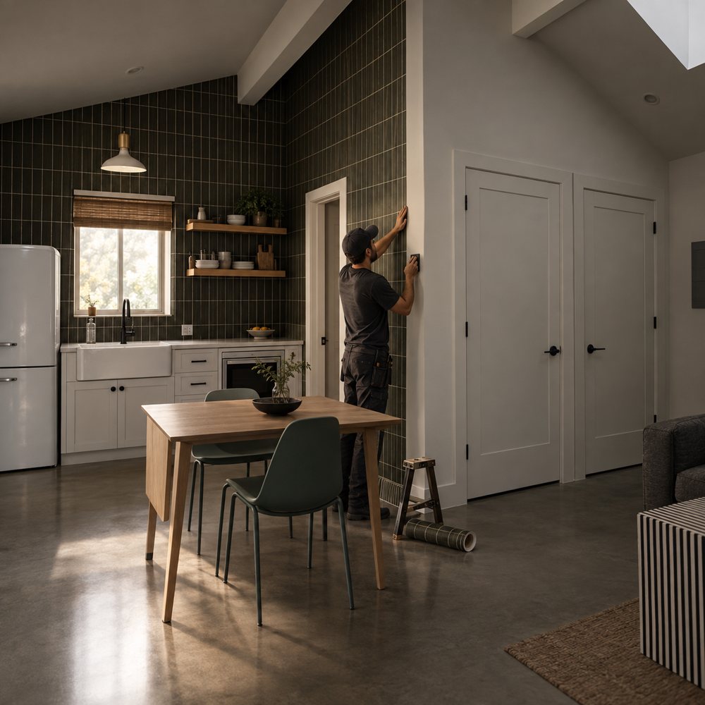 Finished ADU interior with kitchenette and contractor installing wall finish
