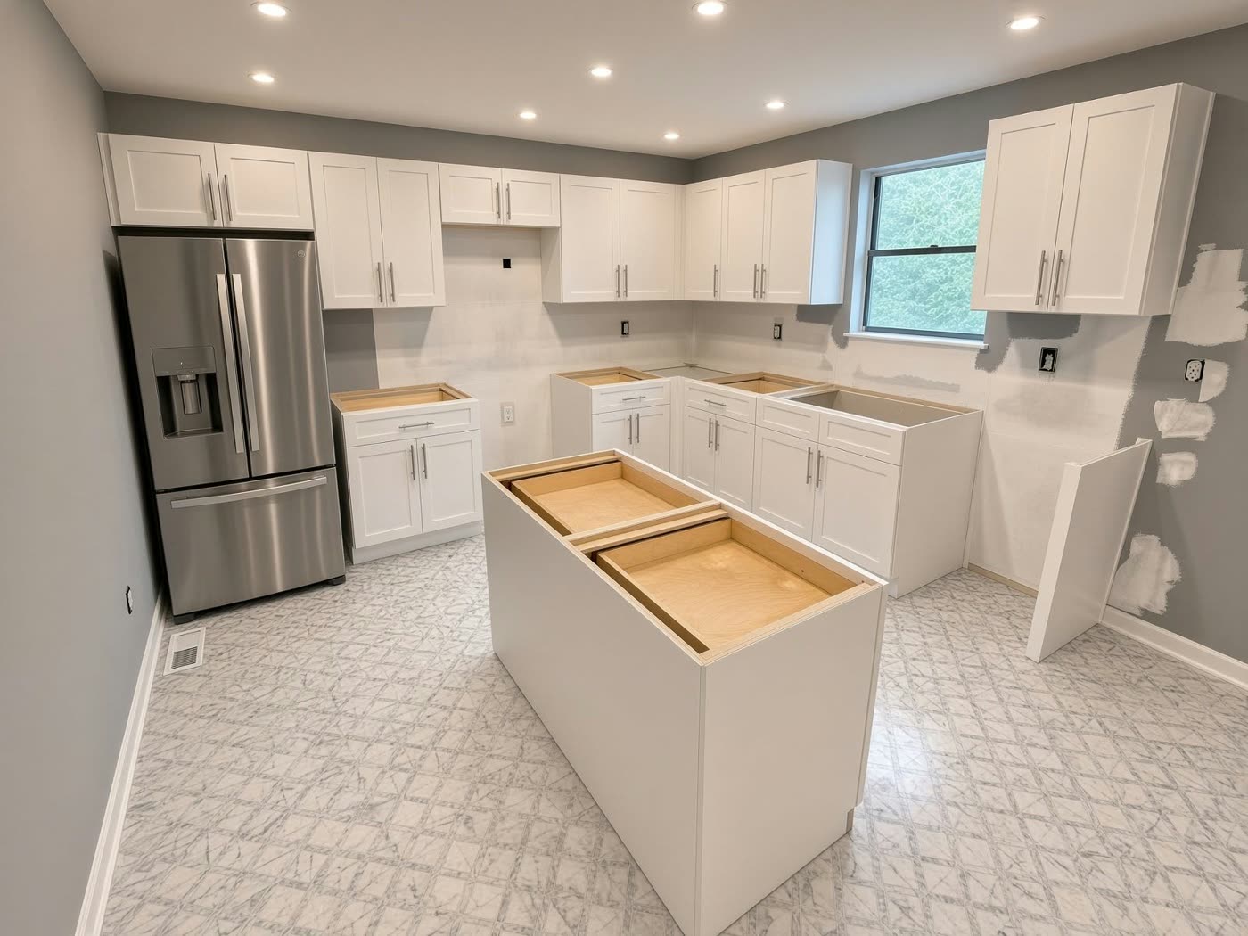 White shaker kitchen cabinets and island boxes installed before countertops, with the refrigerator in place