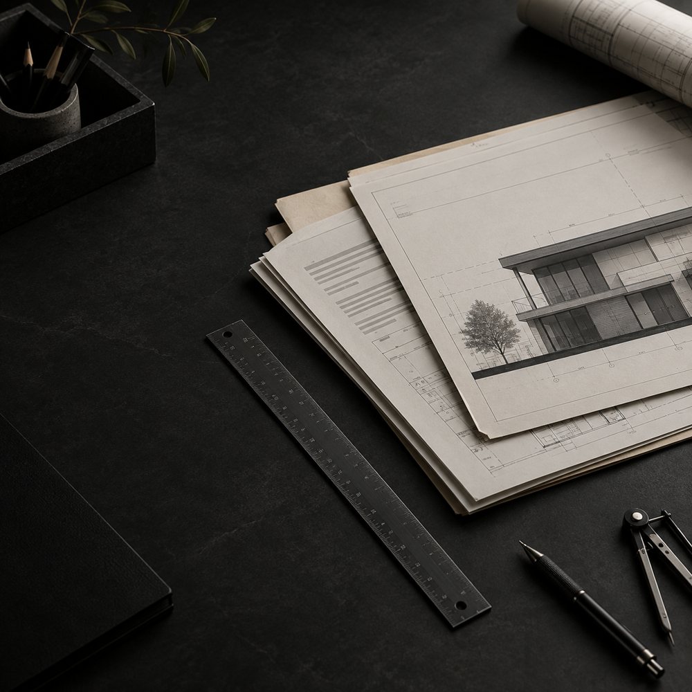 Architectural drawings, ruler and drafting tools on a dark desk