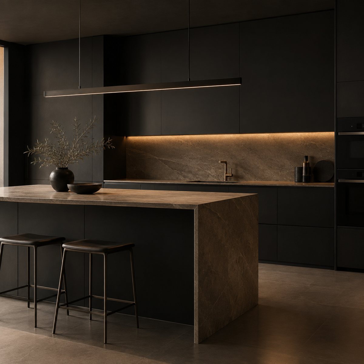 Modern dark kitchen with stone island and under-cabinet lighting