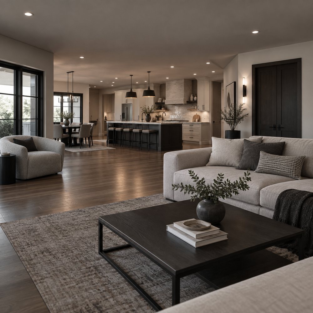 Remodeled open-plan living room, dining area and kitchen
